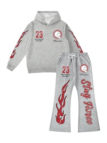 VIPWOLF Men's 2 Piece Sweat Suits Long Sleeve Y2K Graphic Hoodies and Flared Sweatpants Set Grey Number Large