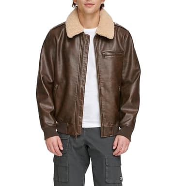 Levi's Men's Faux Leather Aviator Bomber Jacket with Sherpa Collar, Brown, Medium