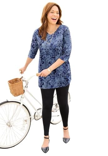 Catherines Women's Plus Size Easy Fit 3/4-Sleeve V-Neck Tunic - 2X, Navy Textured Damask