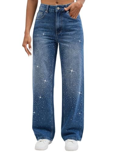 Wanduyini Rhinestone Straight Leg Jeans for Women Teen Girls Bling Loose Fit Denim Pants for Party Music Festival (Mid Blue, S)