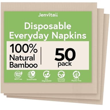 Jenvita Everyday 100% Bamboo Biodegradable Napkins (50-Pack) | Lunch Napkins Disposable for Dinner, Lunch, Events, Occasions & Entertaining | 2-Ply FSC Certified | Bamboo Paper Towels | 6.5 x 6.5 Inch