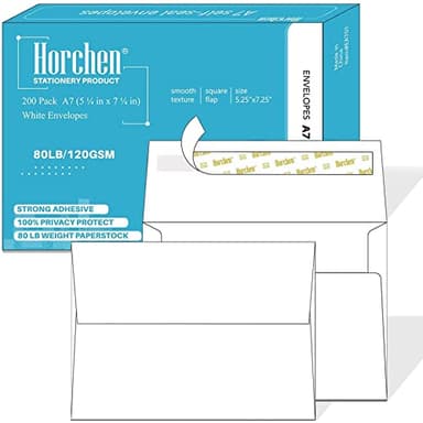 200 Pack 5x7 Invitation Envelopes with Peel & Seal for Cards, A7 Printable Envelopes Bulk, White Envelopes for Wedding, Greeting Cards, Mailing, Graduation, Baby Shower(120GSM) Horchen