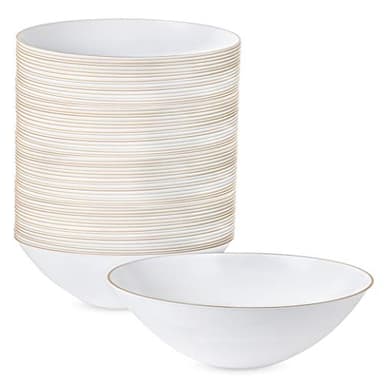 [16 OZ 40 Count] White Plastic Floral Design Party Soup bowls With Gold Rim Premium heavyweight Elegant Disposable Tableware Dishes