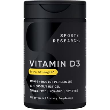 Sports Research® Vitamin D3 w/Coconut MCT Oil - High Potency Vitamin D3 5000iu (125mcg) Supplement for Immune & Bone Support - Seed Oil Free - Non-GMO - Gluten Free (360 Liquid Softgels)