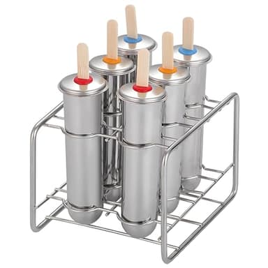 Stainless Steel Popsicle Molds, Set of 6 Ice Cream Maker, Ice Pop Molds With Holder, Metal Reusable Homemade Popsicle Molds with Sticks and Bags (Round Cup, No Slot)