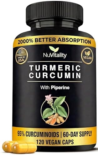 NuVitality Turmeric Curcumin Supplement with Black Pepper Extract (BioPerine) - 95% Curcuminoids for Joint & Inflammation Support - Enhanced Absorption Vegan Turmeric Supplement - 120 Capsules
