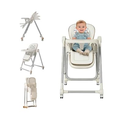 3-in-1 Foldable Baby High Chair with Locking Wheels – Adjustable Feeding Chair, Removable Tray, Detachable PU Cushion for Infants & Toddlers