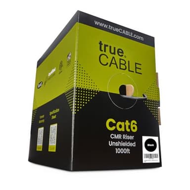 trueCABLE Cat6 Riser (CMR), 1000ft, Black, 23AWG 4 Pair Solid Bare Copper, 550MHz, PoE++ (4PPoE), ETL Listed, Unshielded Twisted Pair (UTP), Bulk Ethernet Cable