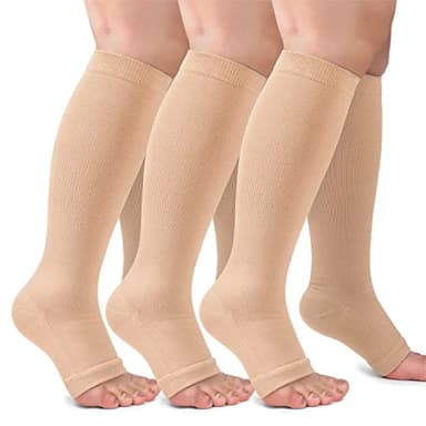 CTHH 3 Pack Toeless Compression Socks for Women & Men, Open Toe Knee High Stockings for Circulation Support Flying 20-30, Nude Large-X-Large