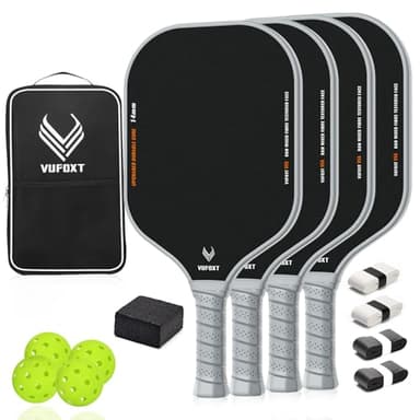 Pickleball Paddles Set of 4, Lightweight Raw Carbon and Glass Fiber Surface Pickleball Racket Set with 14mm PP Honeycomb Core, USAPA Compliant, 4 Pickle Balls, 4 Tapes, 1Bag, 1 Paddle Cleaner