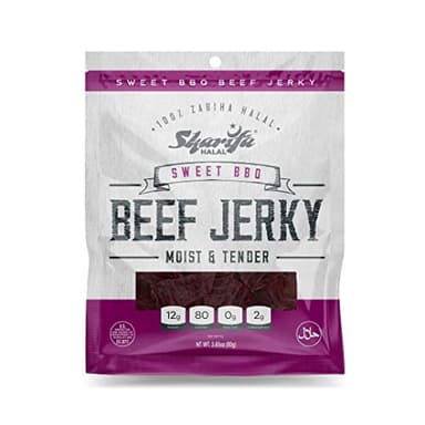 Sharifa Halal Beef Jerky, Sweet BBQ, (1) 2.85 oz. Bag – Great Everyday Halal Jerky Beef Meat Snack, 100 % Real Zabiha Halal Beef, 12g of Protein, 80 Calories, 0g Trans Fat, & 2g of Carbohydrates