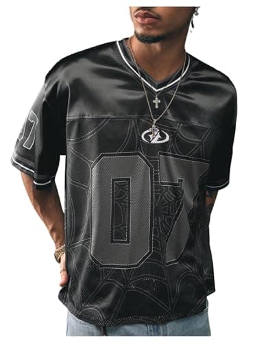 RoseSeek Men's Vintage Satin Jersey Shirts V Neck Short Sleeve Graphic Tees Basketball T Shirt Streetwear Black X-Large