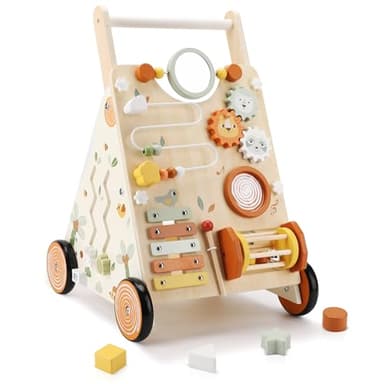 Pithfor Wooden Baby Walker, Baby Push Walker with Activity Center for Girls Boys, Montessori Push Walker Toys for Babies Learning to Walk, Sit-to-Stand, for 10-12 Months 1 2 3 Years Old