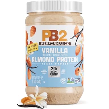 PB2 Performance Almond Plant Based Vegan Protein Powder | 20g Complete Protein, No Added Sugar, Prebiotic Fiber | Dairy Free, Certified Vegan, Non-GMO, Gluten Free [Almond w/Madagascar Vanilla, 1LB]