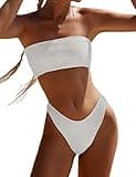 YIMISAN Women's Two Piece Bandeau Swimsuit Ribbed Strapless Tube Bikini Top with Mid Waist Cheeky Bottom Bathing Suit White