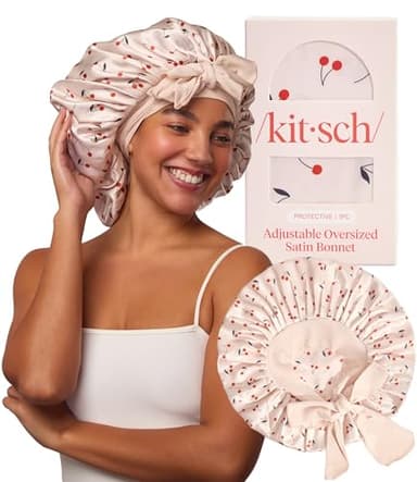 Kitsch XL Satin Bonnet for Sleeping - Softer Than Silk Bonnet For Sleeping Women - Secure Fit, Adjustable, Night Cap For Curly & Textured Hair - Prevents Breakage, Tangles & Thinning - Cherry Print