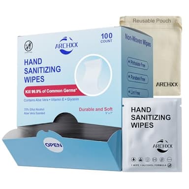 ARCHXX Cotton-Like Softness Hand Sanitizer Wipes, 100 Count, Antibacterial Hand Wipes Individually Wrapped, 70% Alcohol, Travel Size, Sanitizing for Home, Office & Outdoor, Aloe Vera Scent