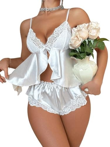 RoseSeek Women's 2 Piece Lingerie Set Floral Lace Tie Back Satin Bow Front Lingerie Pajama Set Sleepwear White X-Small