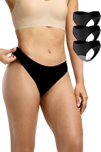 La LiVita Seamless Thong Period Underwear for Women Teens Light Flow Moisture Wicking Side Leak Prevention Panties 3 Pack Black