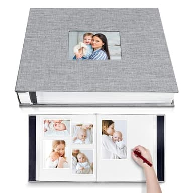 HoneyTolly Large Photo Album Self Adhesive with Picture Display Window, DIY Scrapbook Album for 4x6 8x10 Pictures, 40 Pages Linen Cover Memory Book with Scraper and Metallic Pen(Grey)