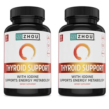 ZHOU Thyroid Support - Thyroid Supplement for Women & Men with Zinc, Iodine, & Selenium, Cellular Energy Thyroid Complex with Ashwagandha, Kelp - 60 Veggie Capsules (Pack of 2)