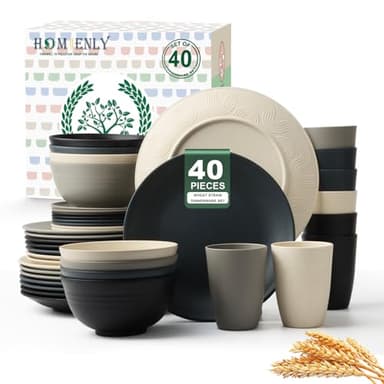 Homienly Kitchen Wheat Straw Dinnerware Set 40 PCS - Dinner Plates, Cereal Bowls, Wheat Straw Cups Set, Microwave and Dishwasher Safe Dishes Set, Unbreakable Dish Set for Party, Outdoor(Grey Stone)