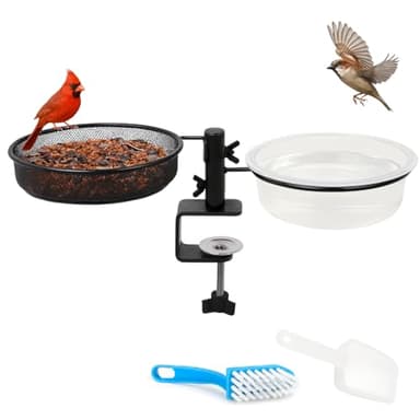 Deck Bird Feeder and Bath with Metal Mesh Tray and Water Bowl – Deck Railing Bird Feeder Mount for Attracting Birds - Detachable, Adjustable, Heavy Duty – Complete with Cleaning Brush and Seed Scoop