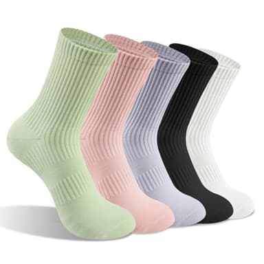 GOWAAW 5 Pairs Cotton Women's Crew Socks,Athletic Cushioned Sport Running Calf Socks,Seamless Toe Design,Durable, Soft, Breathable, High Stretch, Size 6-10