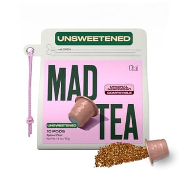 Mad Tea Unsweetened Spiced Chai Tea Powder Pod - Compatible with Original Nespresso - Premium Instant Thai Black Tea - Antioxidant Rich - 45MG Caffeine - 100% Biodegradable - Keto Friendly - 10 Pack