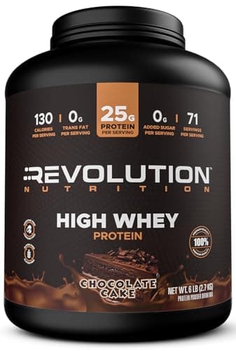 Revolution Nutrition, High Whey, Protein Powder 6LB, Whey Isolate, Gluten Free, Lean Muscle Mass for Men & Women, 25g of Protein Per Scoop, 2.7kg, 73 Servings (Chocolate Cake, 6 Pound)