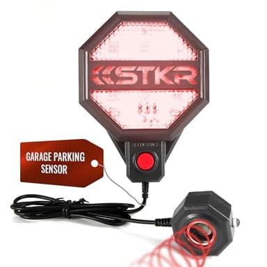 STKR Garage Parking Sensor – Adjustable Ultrasonic Car Stop Assistant with Red/Yellow/Green LED Display – Set Stop Distance 6"–6 ft – Battery or USB Powered – Easy Wall-Mount Install – Dark Grey