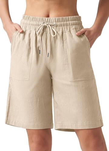Willit Women's Linen Shorts Casual Bermuda Long Linen Shorts High Waisted Comfy Summer with Pockets 10" Khaki L