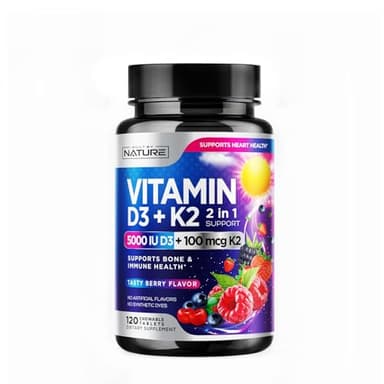 Vitamin D3 K2 – Chewable Vitamin D 5000 IU & K2 MK-7 100 mcg – 2 in 1 Vitamin D K2 Supplement Chews - Immune, Heart, & Bone Support – Non GMO - Tasty Berry Flavor - 120 Chewable Tablets