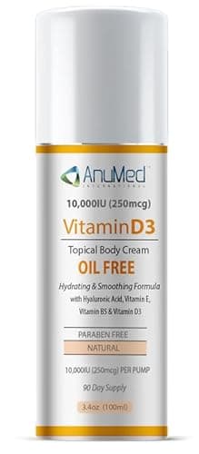 AnuMed Vitamin D3 10,000 IU Oil-Free Cream with Magnesium + Hyaluronic Acid, Vitamin E. Moisturizing Cream for Dry Skin. Non-Greasy, Non-GMO, 100% Vegan, Gluten-Free (3oz)