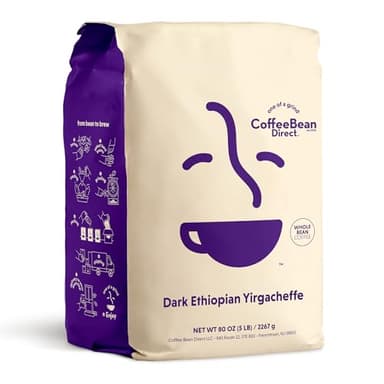 Coffee Bean Direct Dark Ethiopian Yirgacheffe, Whole Bean Coffee, Arabica Coffee, Dark Roast, 5 Pound Bag (Pack of 1)