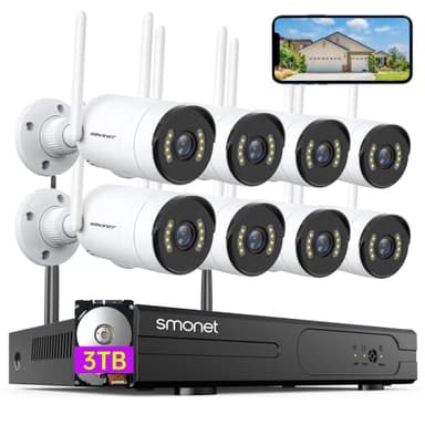 【5MP HD, Audio】 Wireless Security Camera System, 3TB Hard Drive, SMONET 8CH Complete Home CCTV Surveillance NVR Kits, 8Pcs Outdoor Indoor IP Cameras Night Vision, IP66 Waterproof, Free Phone APP