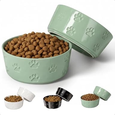 Ceramic Dog Bowl Set of 2 with Anti-Skid Base - 6.5" Wide x 2.5" Tall Ceramic Dog Bowls Medium Sized Dogs - 3.8 Cup Capacity Food and Water Bowls for Dogs - Rubber Bottom Pet Bowl Set of 2 Medium Size