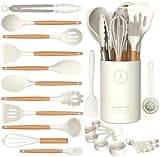 Silicone Cooking Utensils Set - Silicone Kitchen Utensils for Cooking Wooden Handles, 446°F Heat Resistant Kitchen Utensil Spatula Sets w Holder, Gadgets for Non-Stick Cookware BPA FREE (Cream White)