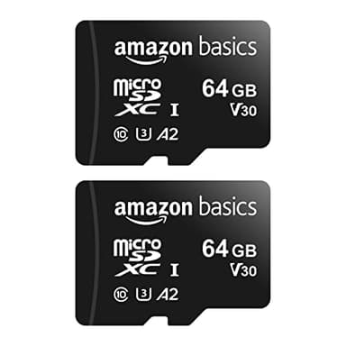 Amazon Basics MicroSDXC UHS-I Class 10 Memory Card with Full Size Adapter, A2, U3, V30, 4K Full HD, Read Speed up to 100 MB/s, 64 GB (2-Pack), for GoPro Action Cameras, Smartphone, Tablet, Black