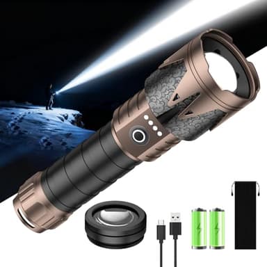 SKYFIRE Rechargeable Flashlights High Lumens with Ignition Lens,10000 Super Bright Flashlight Zoomable 6Modes Waterproof Tactical Flash Light for Outdoor Essentials Home Emergency-Upgraded Gift Box