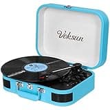 Record Player, Voksun Bluetooth Turntable with Built-in Stereo Speakers, 3-Speed Suitcase LP Vinyl Player, Supports Vinyl to MP3 Recording, Phonograph with AUX USB RCA Headphone Jack, Sky Blue