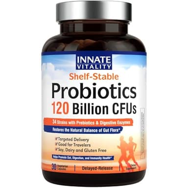 Innate Vitality Probiotics 120 Billion CFUs for Men & Women, 34 Strains with Prebiotics & Digestive Enzymes, Immune & Digestive Health, Delayed Release, Shelf Stable, 30 Vegan Capsules
