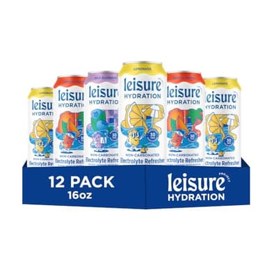 Leisure Hydration Non-Carbonated Electrolyte Refresher, Variety Pack - Low Sugar Nutrient Enhanced Water Beverage - Get The Best Hydration Packed w/ Magnesium & Ashwagandha For Mood & Stress Support, Non-GMO, 16 oz (12-Cans)