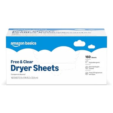 Amazon Basics Dryer Sheets, Free & Clear, Laundry Fabric Softener, Hypoallergenic, 160 Count