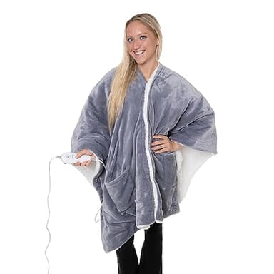 Snuggie Heated Wrap with Pockets for Adults | Cozy Electric Heating Blanket & Shawl, Gifts for Women & Men, Temperature Settings, Machine Washable, Auto Shut-Off Safety | As Seen on TV, Grey 50" x 60"