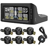B-Qtech Tire Pressure Monitoring System Solar RV TPMS with 6 Flow Thru Sensors(0-199PSI) & Signal Booster, 7 Alarm Modes Real Time Display Pressure Tempereture for Trailer Motorhome,Pickup,Truck