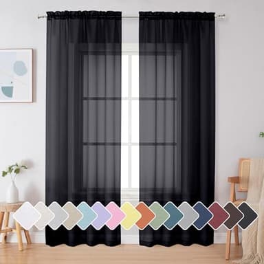 Simplebrand Black Sheer Curtains 84 Inches Long, Light Filtering Rod Pocket Solid Color Window Sheer Curtain Panels, Elegant Curtains & Drapes for Living Room, Bedroom 2 Panels (Black, 42" W x 84" L)