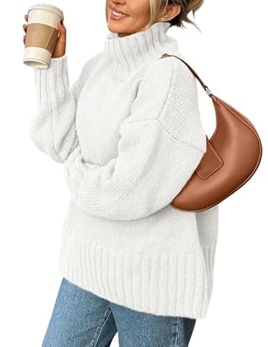 PRETTYGARDEN Women's 2025 Fall Oversized Sweaters Turtleneck Casual Long Sleeve Chunky Knit Pullover Tops Winter Clothes (White,Medium)
