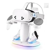 Saqico Charging Dock for Meta Quest 3/3s/2 with RGB Light, Display Stand & Fast Charging Station for Headset & Controllers Simultaneously with Rechargeable Batteries (2100mAh*2) and 20W UL AC Adapter