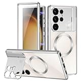 Jonwelsy Case for Samsung Galaxy S23 Ultra with Camera Invisible Stand, 360 Degree Front and Back Glass Protection Cover [Compatible with MagSafe] Magnetic Absorption Aluminum Alloy Bumper (Silver)